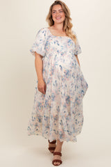 Beige Floral Puff Sleeve Plus Maternity Maxi Dress