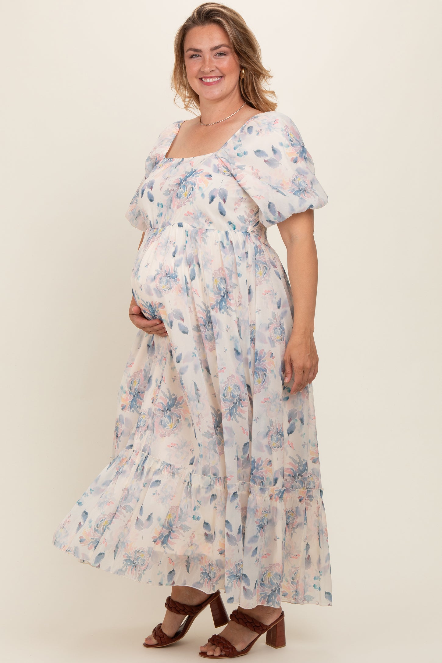 Beige Floral Puff Sleeve Plus Maternity Maxi Dress