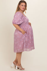 Pink Floral Embroidered Puff Sleeve Plus Maternity Midi Dress
