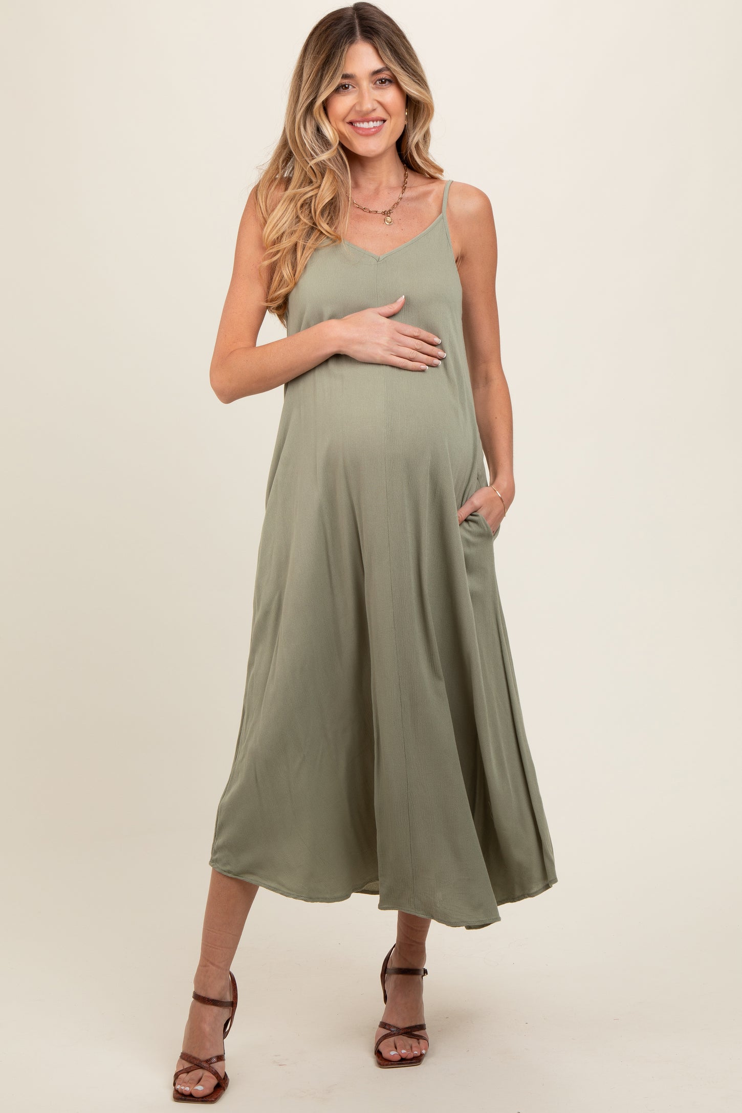 Light Olive Lightweight Sleeveless V-Neck Maternity Maxi Dress