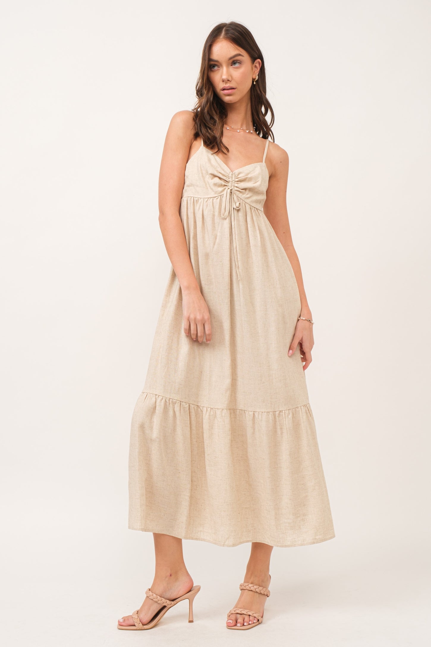Beige Linen Front Cinch Midi Dress PinkBlush Beige Linen Front Cinch Midi Dress PinkBlush