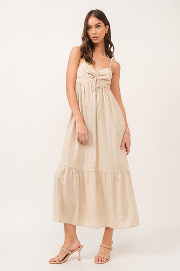 Beige Linen Front Cinch Midi Dress