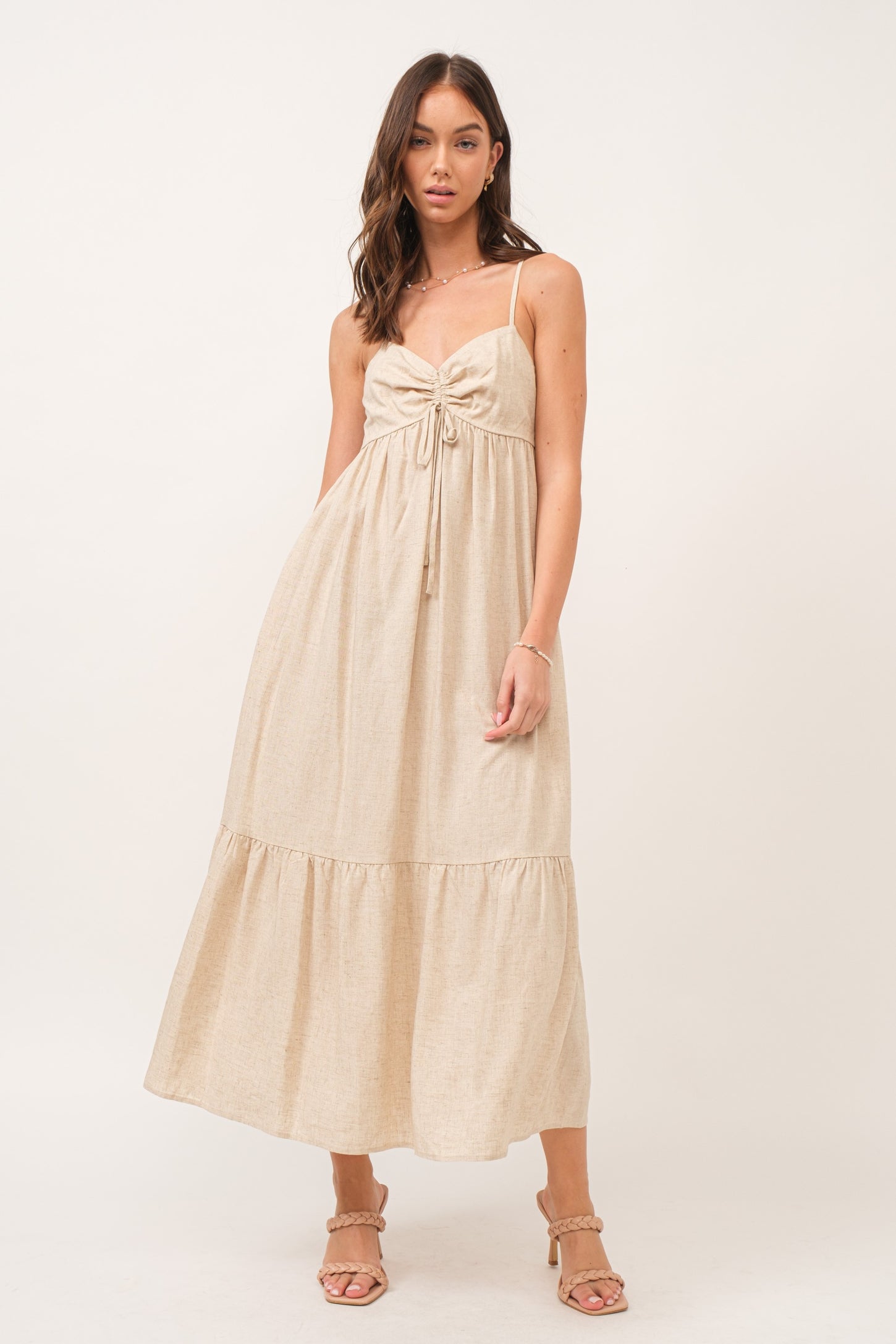 Beige Linen Front Cinch Midi Dress PinkBlush Beige Linen Front Cinch Midi Dress PinkBlush