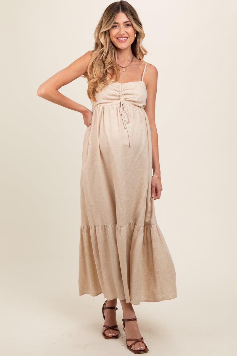 Beige Linen Front Cinch Maternity Midi Dress – PinkBlush