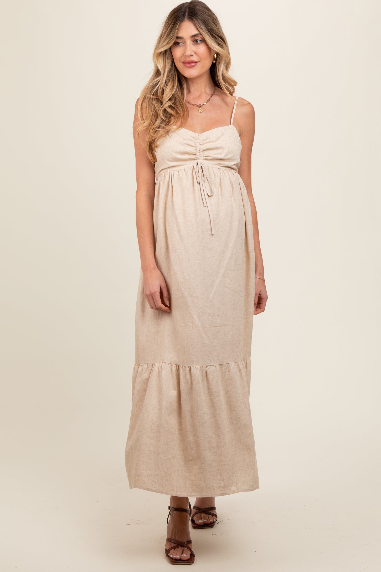 Beige Linen Front Cinch Maternity Midi Dress PinkBlush Beige Linen Front Cinch Maternity Midi Dress PinkBlush