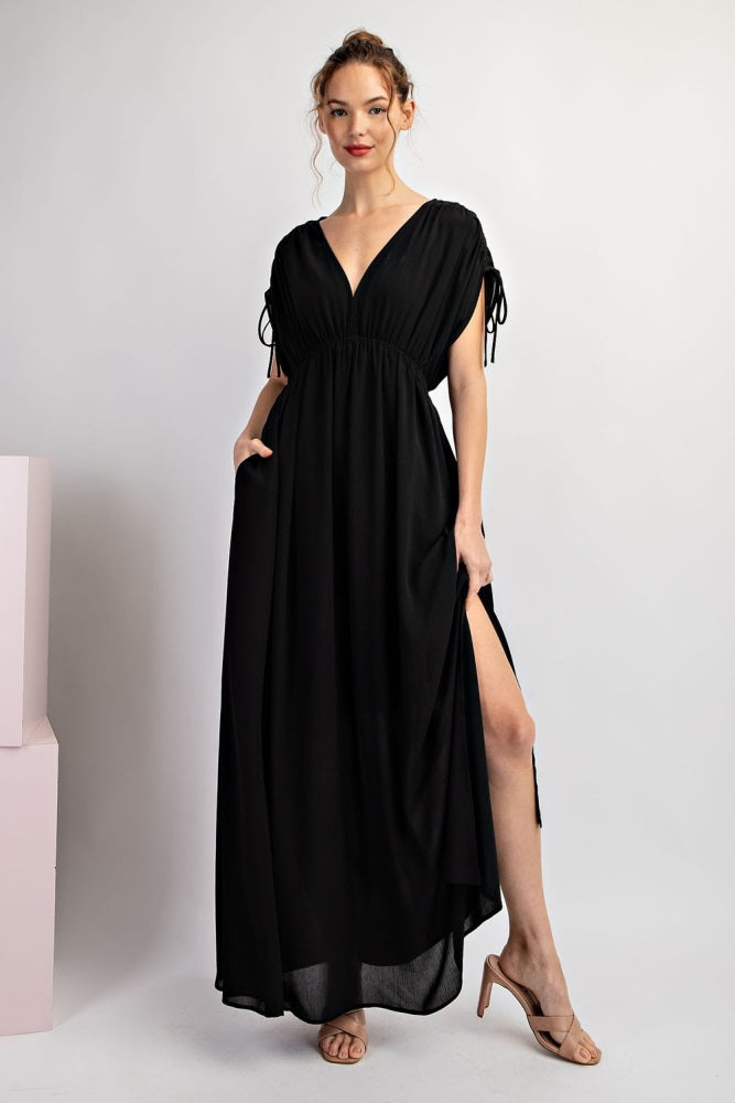 chinese dress ladies Black V-Neck Drawstring Short Sleeve Side Slit Maxi Dress