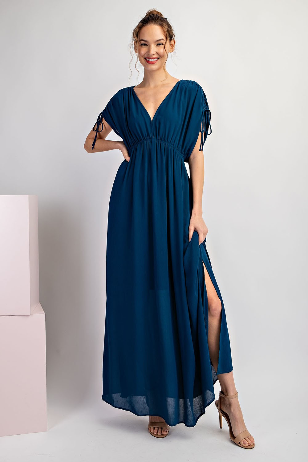 Navy Blue V-Neck Drawstring Short Sleeve Side Slit Maxi Dress Navy Blue V-Neck Drawstring Short Sleeve Side Slit Maxi Dress