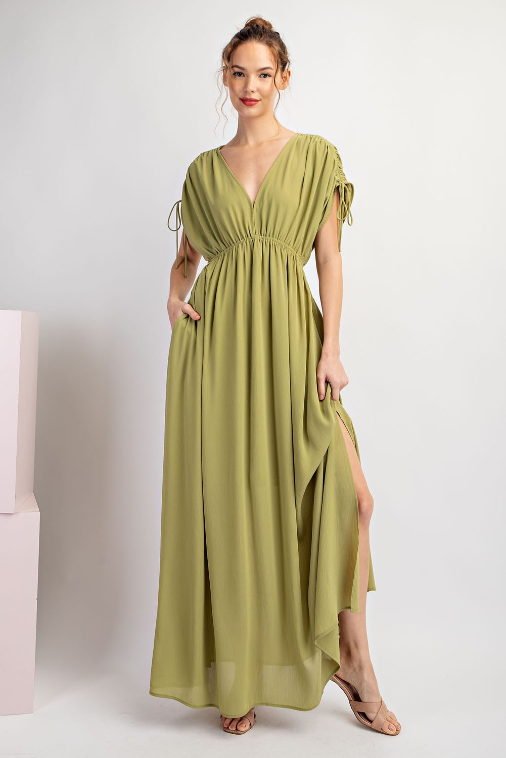 Light Olive V-Neck Drawstring Short Sleeve Side Slit Maxi Dress Light Olive V-Neck Drawstring Short Sleeve Side Slit Maxi Dress