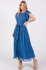 Blue Short Sleeve Crinkle Self Tie Maternity Dress