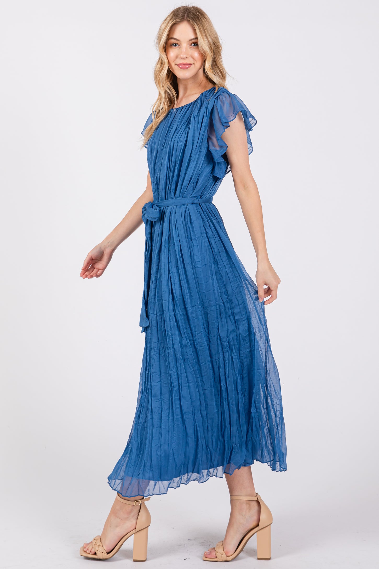 short sleeve crinkle dress Women's Blue Crinkle Cap-Sleeve Mini Dress