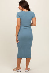 Blue Short Sleeve Rib Knit Maternity Midi Dress