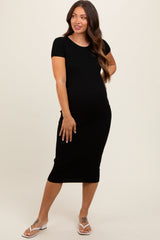 Black Short Sleeve Rib Knit Maternity Midi Dress
