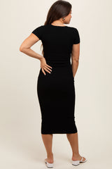 Black Short Sleeve Rib Knit Maternity Midi Dress