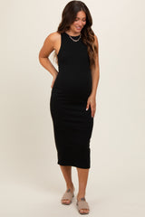 Black Sleeveless Ribbed Knit Maternity Midi Dress