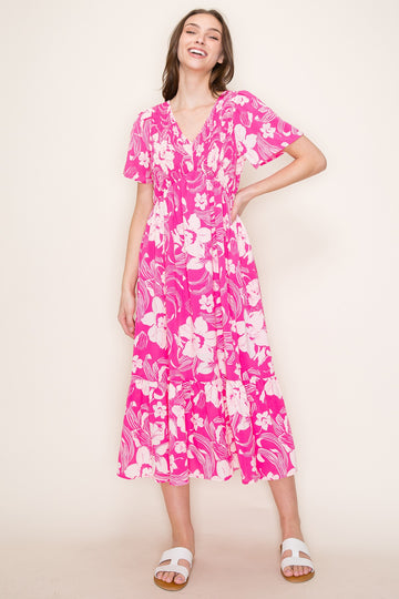 Pink Floral Print Smocked Midi Dress
