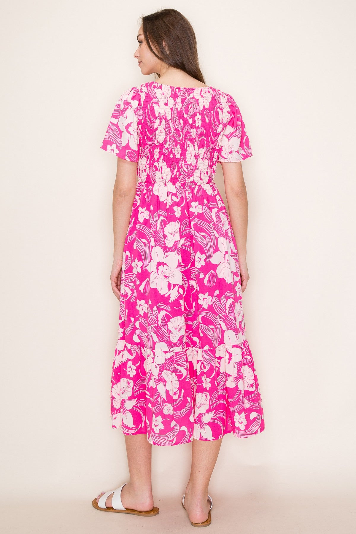 Pink Floral Print Smocked Midi Dress