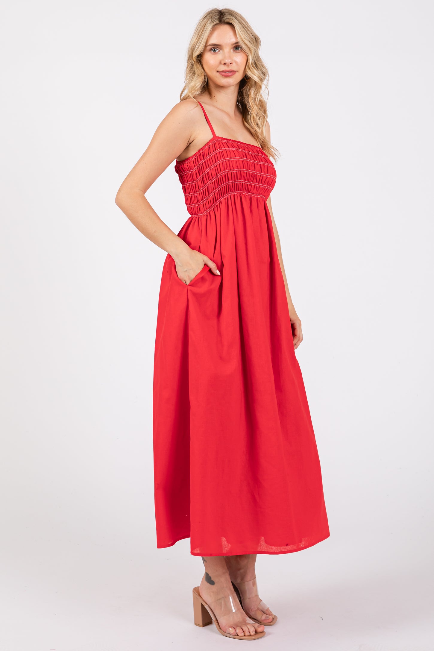 Red Bartlett Striped Smocked Midi Dress