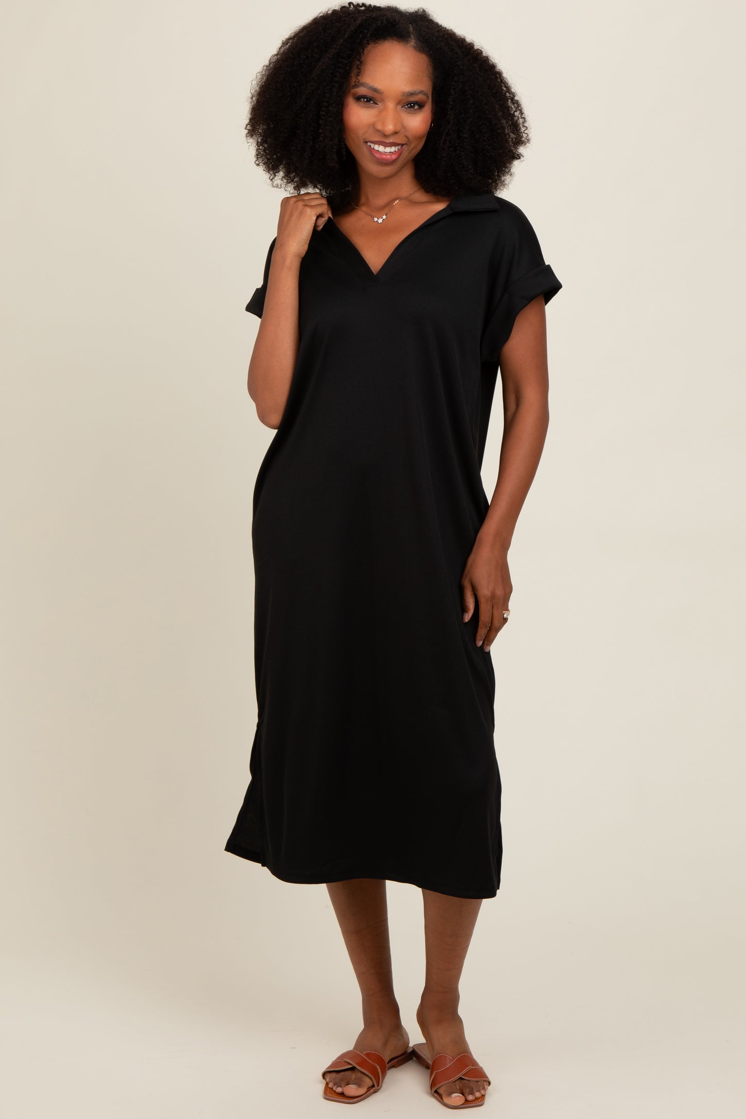 Black Collared Side Slit Midi Dress