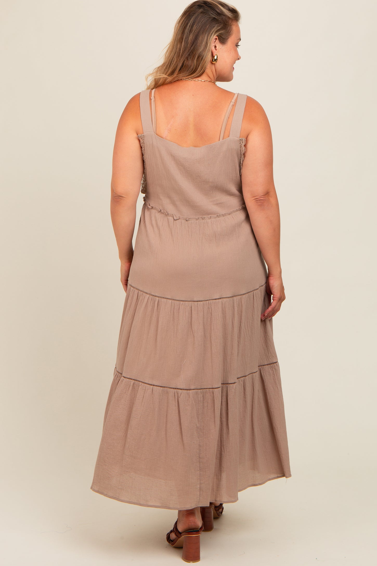 Taupe Front Pocket Tiered Overall Maternity Plus Midi Dress