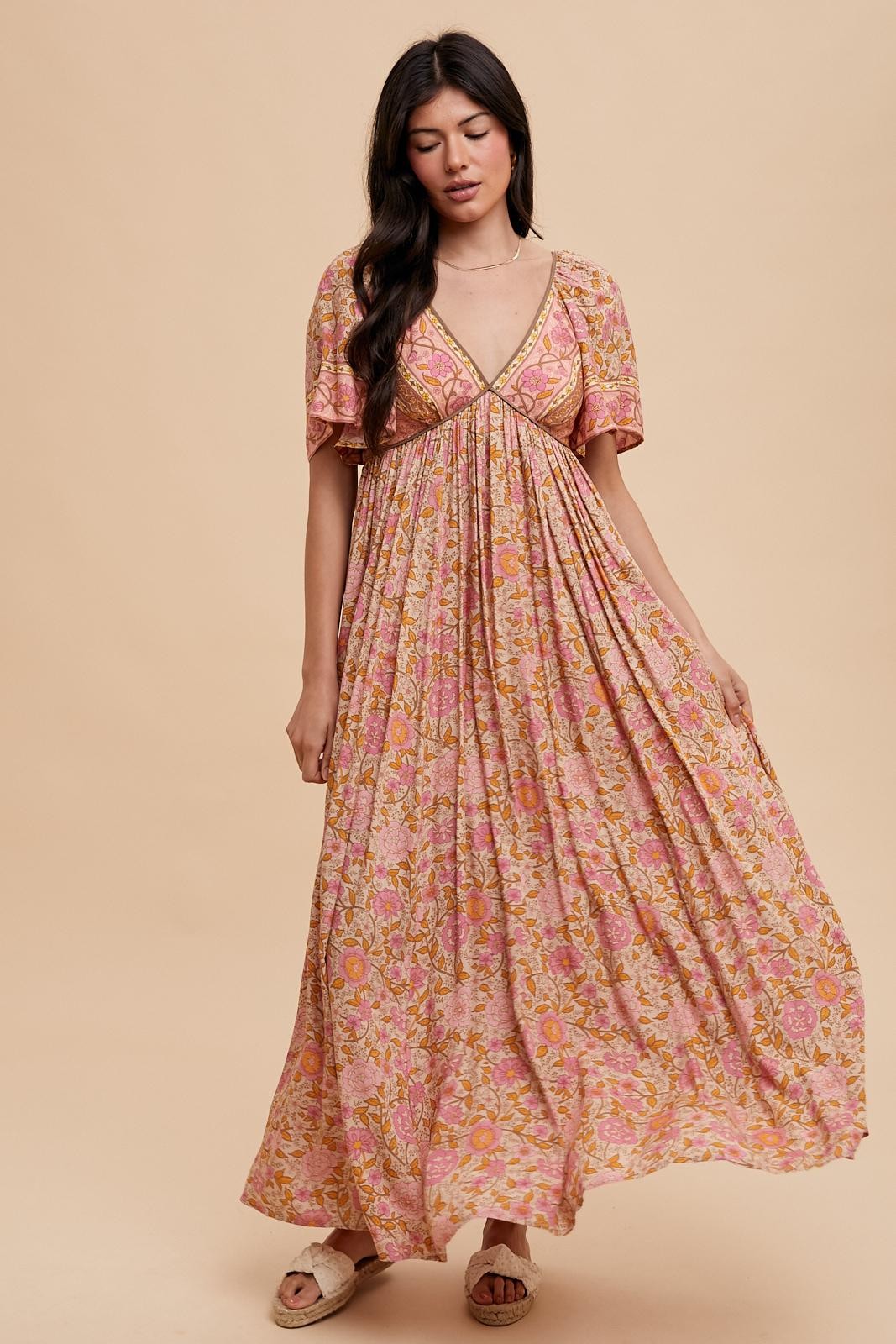 Pink Floral V-Neck Short Flutter Sleeve Maternity Maxi Dress PinkBlush Pink Floral V-Neck Short Flutter Sleeve Maternity Maxi Dress PinkBlush