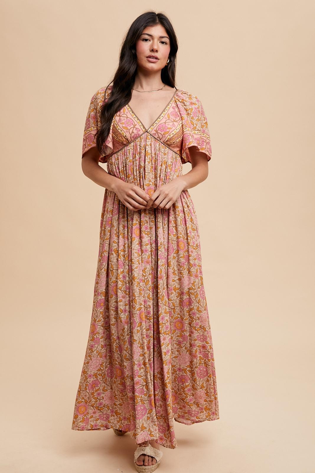 Pink Floral V-Neck Short Flutter Sleeve Maxi Dress
