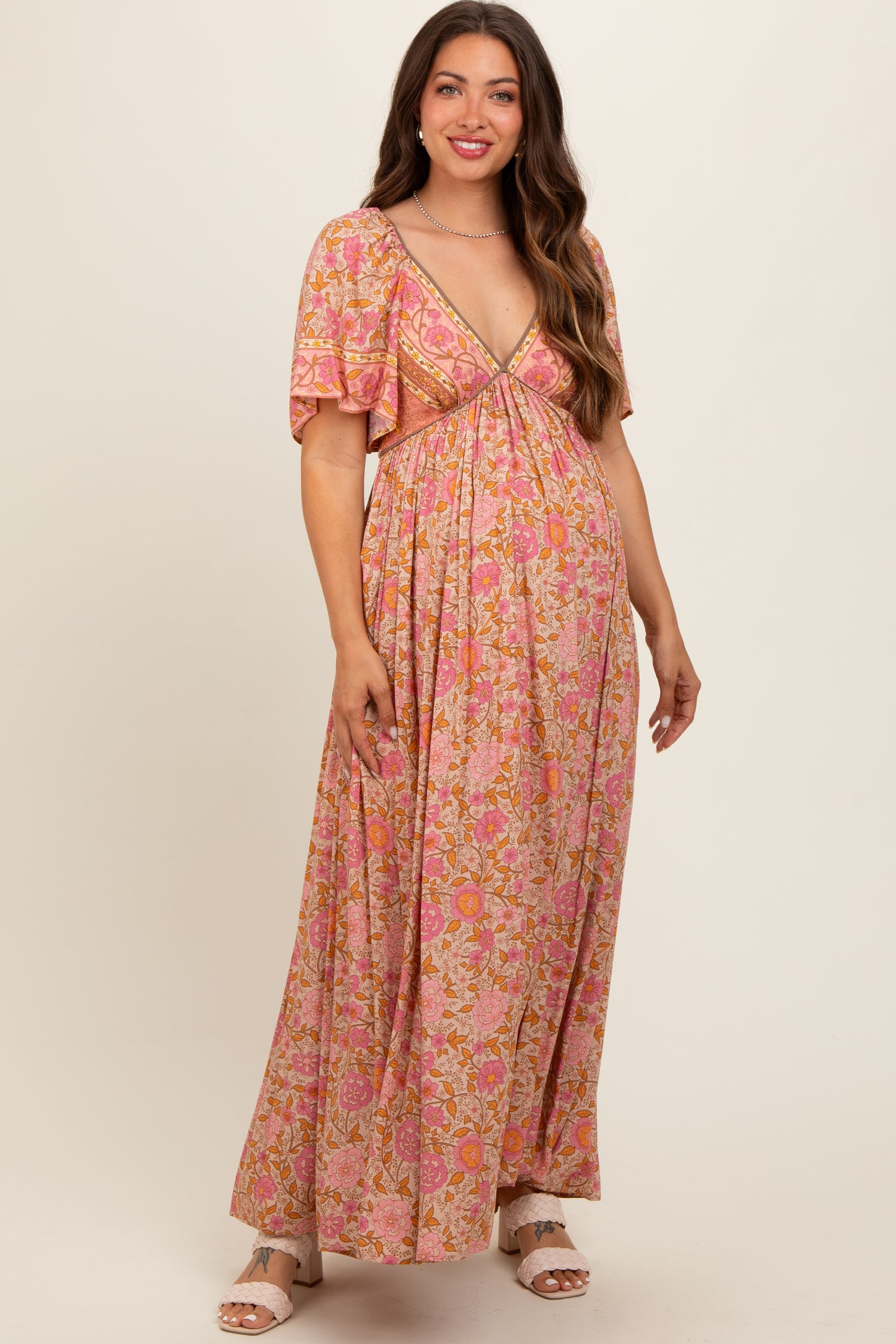 Pink Floral V-Neck Short Flutter Sleeve Maternity Maxi Dress – PinkBlush Pink Floral V-Neck Short Flutter Sleeve Maternity Maxi Dress – PinkBlush