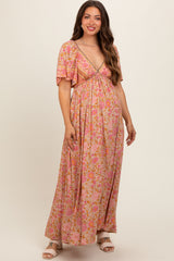 Pink Floral V-Neck Short Flutter Sleeve Maternity Maxi Dress