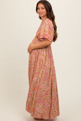 Pink Floral V-Neck Short Flutter Sleeve Maternity Maxi Dress