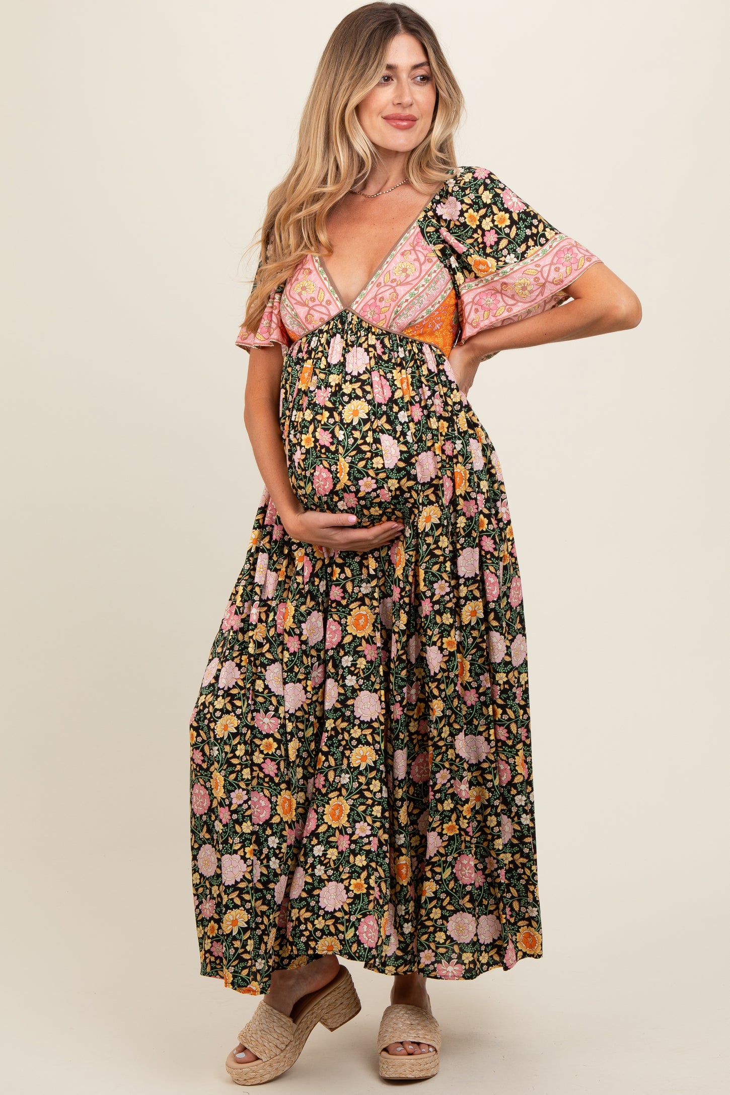 Black Floral V-Neck Short Flutter Sleeve Maternity Maxi Dress Black Floral V-Neck Short Flutter Sleeve Maternity Maxi Dress