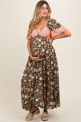 Black Floral V-Neck Short Flutter Sleeve Maternity Maxi Dress