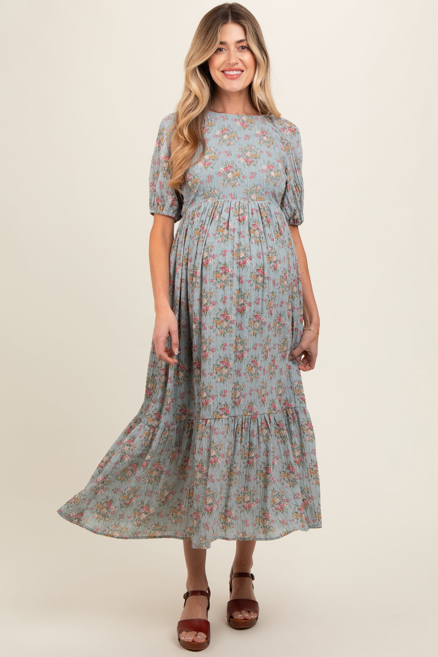 Light Blue Floral Textured Tied Open Back Maternity Maxi Dress