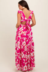 Fuchsia Floral Deep V-Neck Open Back Maternity Maxi Dress