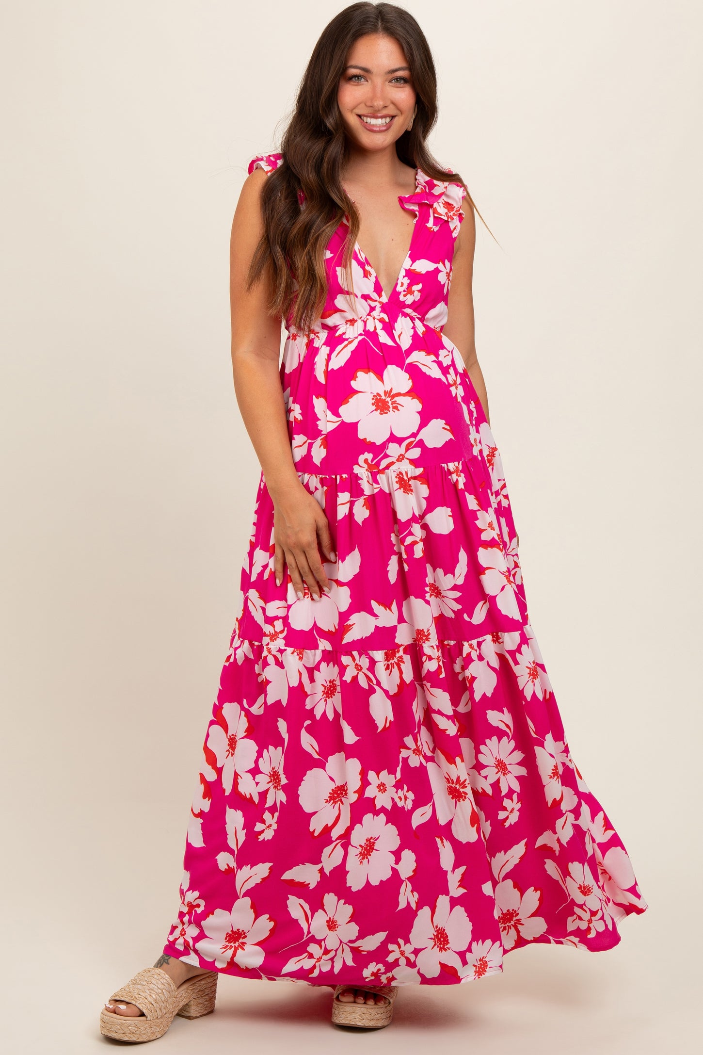 Fuchsia Floral Deep V-Neck Open Back Maternity Maxi Dress