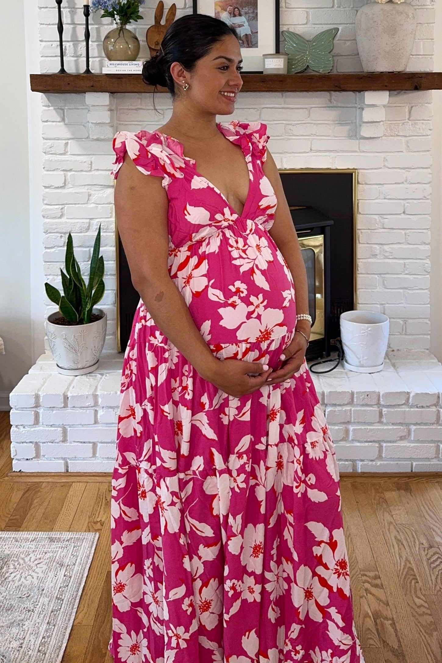Fuchsia Floral Deep V-Neck Open Back Maternity Maxi Dress