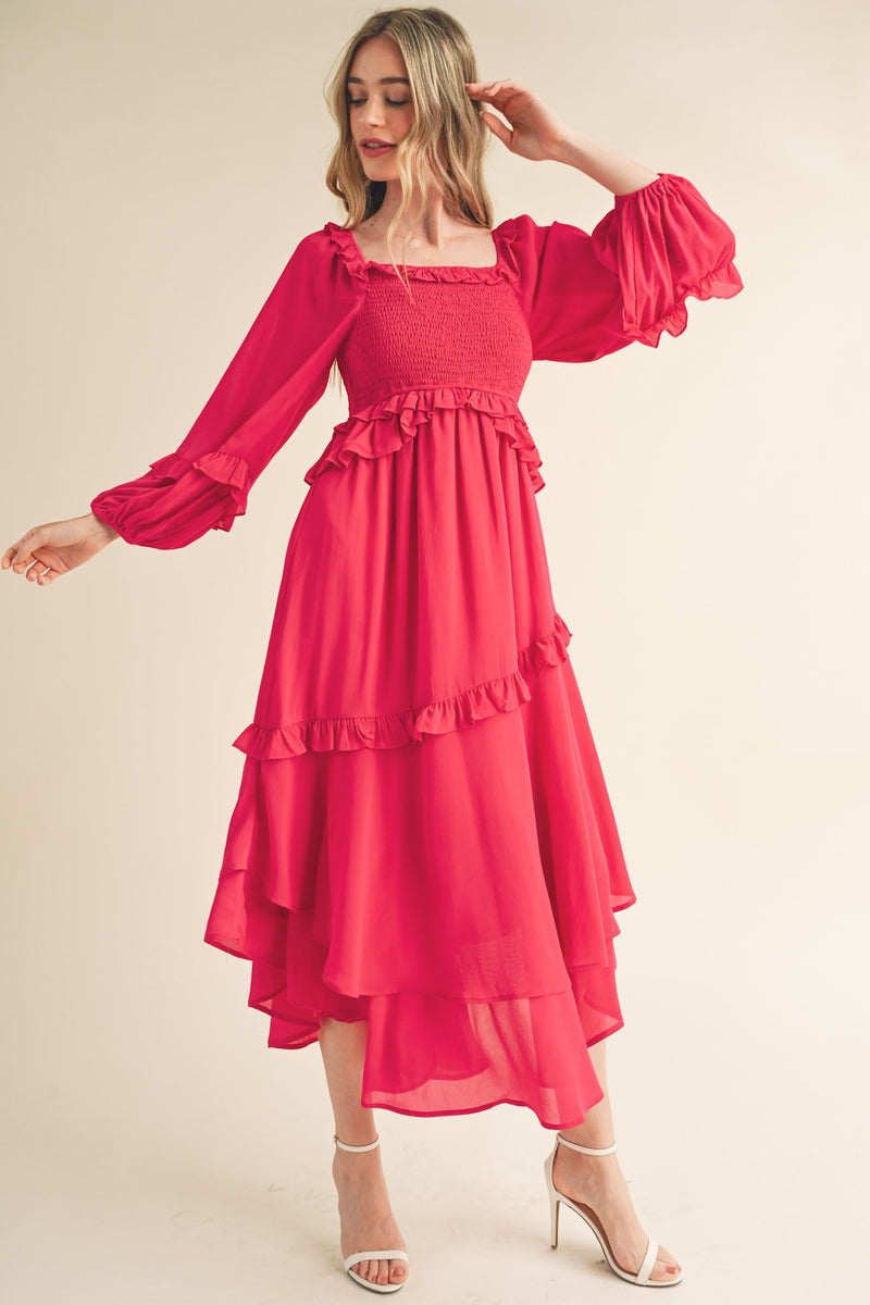 fuchsia midi dress with sleeves Smocked Ruffle Long Sleeve Fuchsia Designed in Spain Eileen Gu's Met Gala Size:W40/34