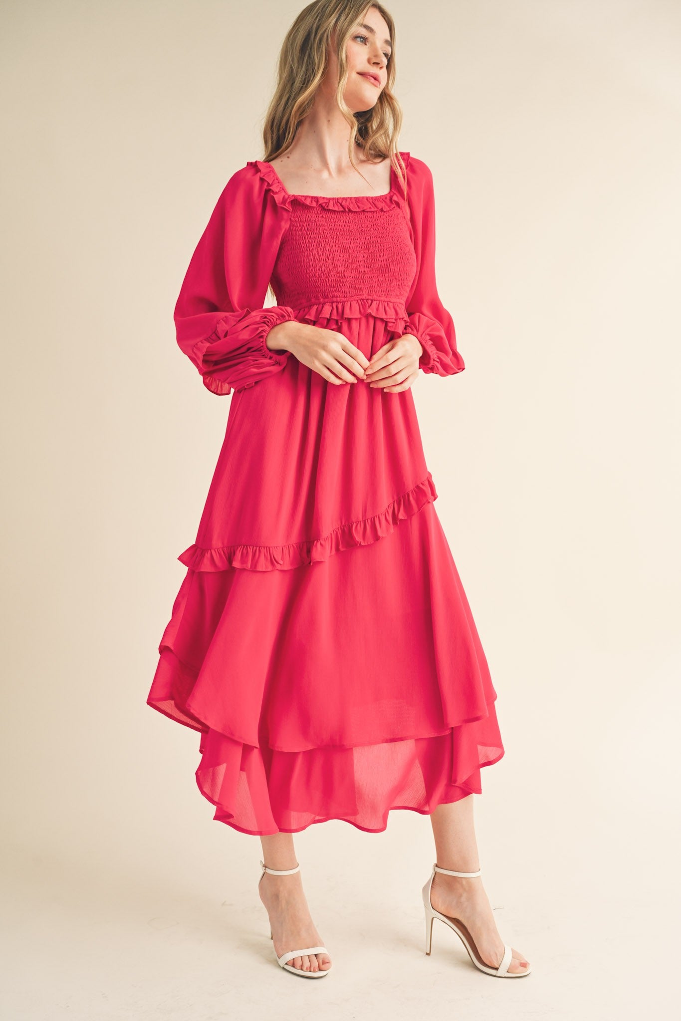 Fuchsia Smocked Ruffle Long Sleeve Midi Dress PinkBlush Fuchsia Smocked Ruffle Long Sleeve Midi Dress PinkBlush