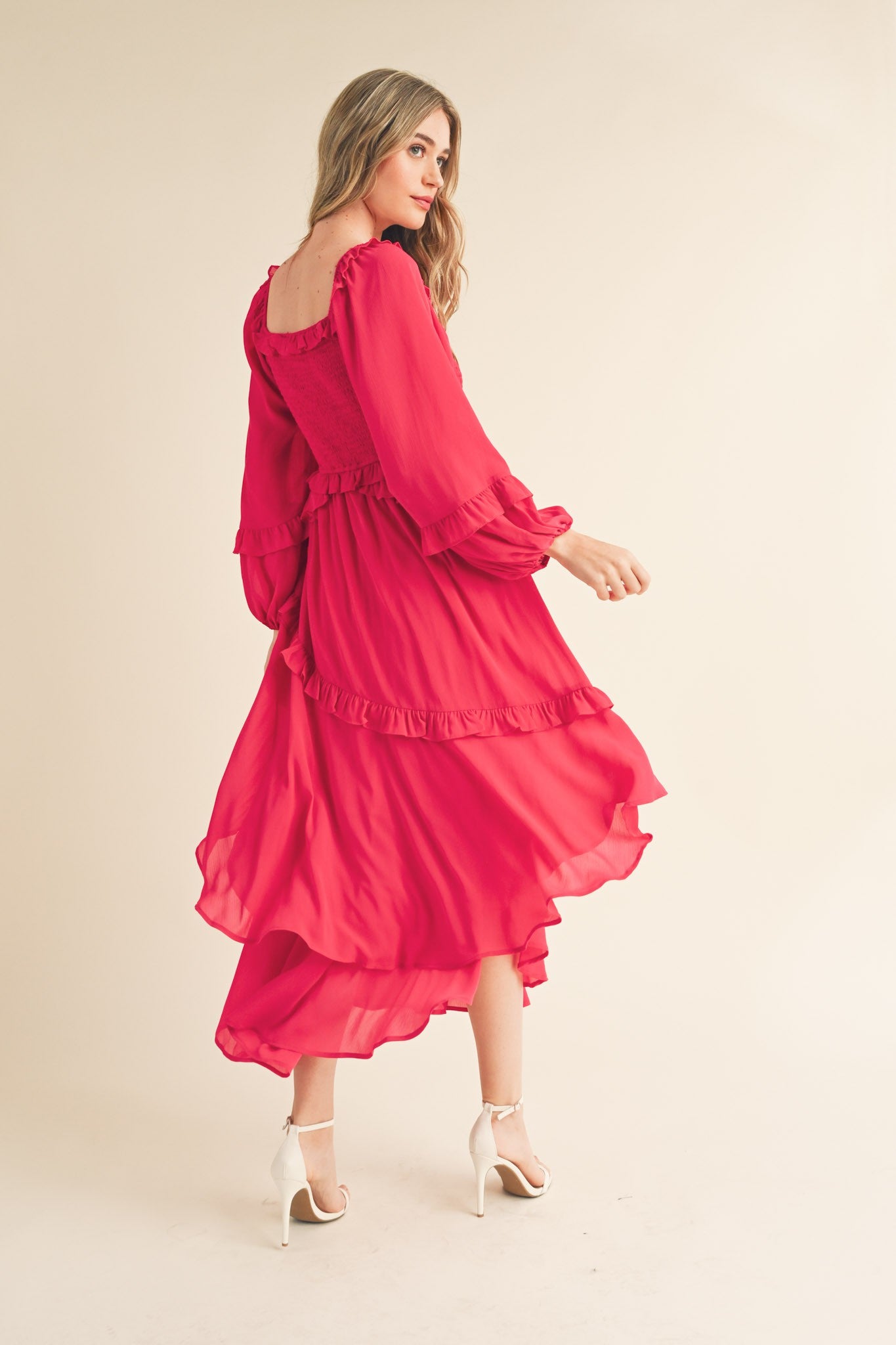knee length dresses for ladies Fuchsia Smocked Ruffle Long Sleeve Midi Dress – PinkBlush