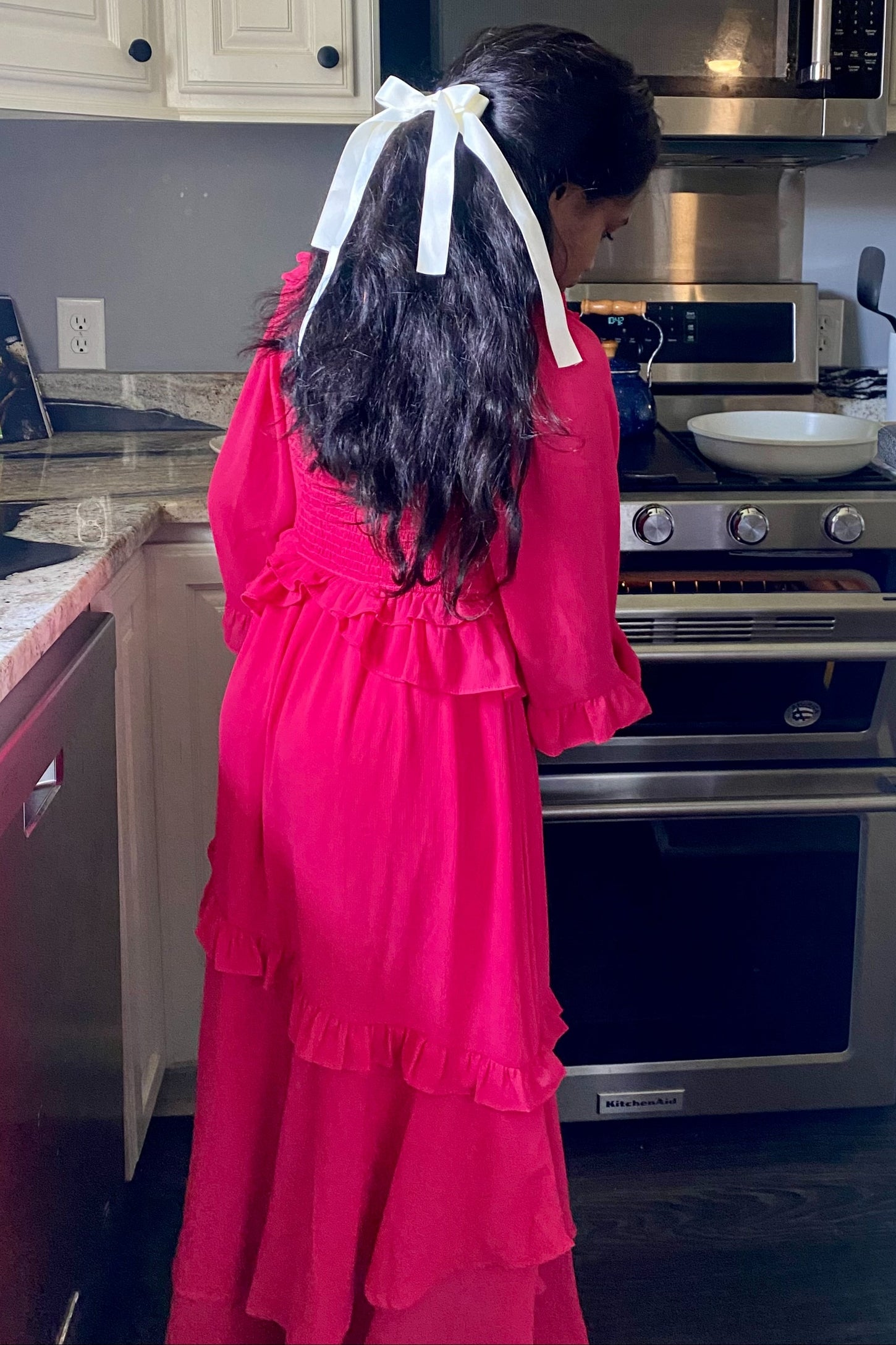 Fuchsia Smocked Ruffle Long Sleeve Midi Dress