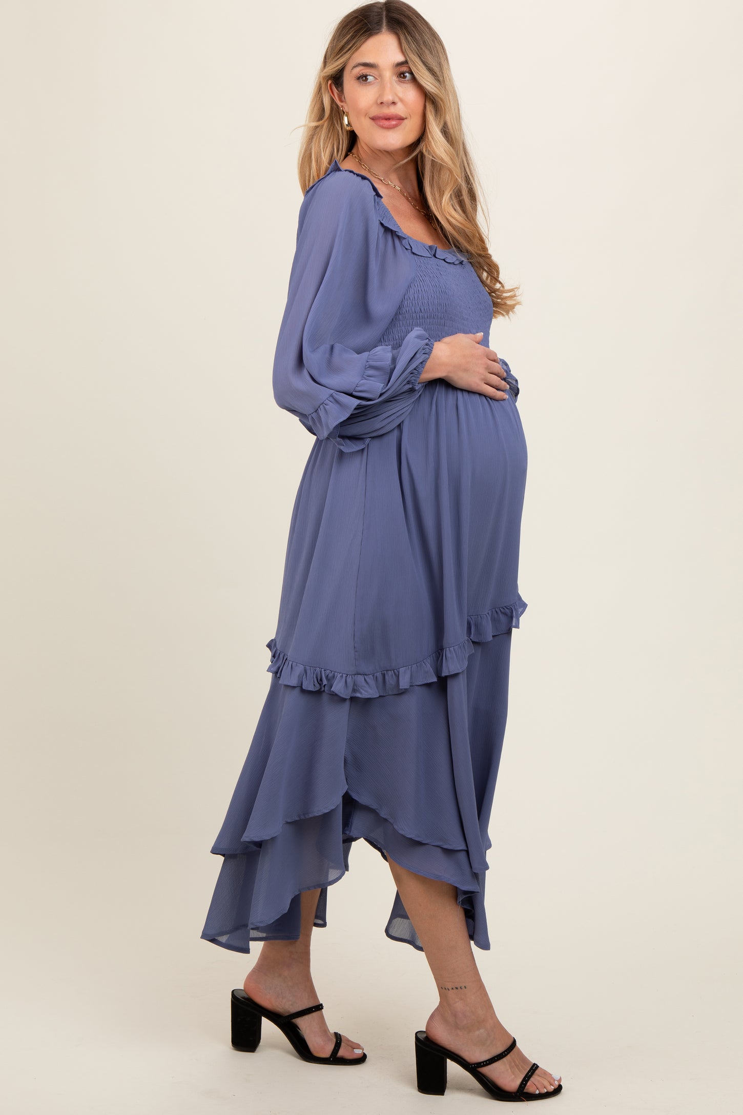 Blue Smocked Ruffle Long Sleeve Maternity Midi Dress PinkBlush Blue Smocked Ruffle Long Sleeve Maternity Midi Dress PinkBlush