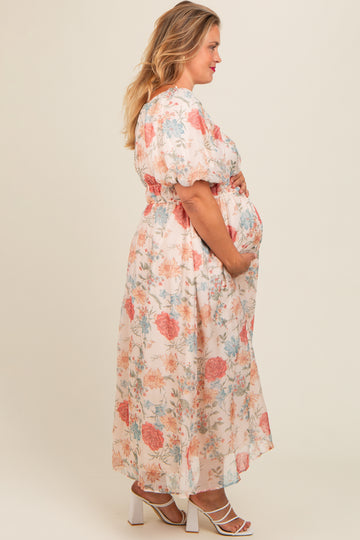 Cream Blue Floral Chiffon Puff Sleeve Maternity Plus Midi Dress