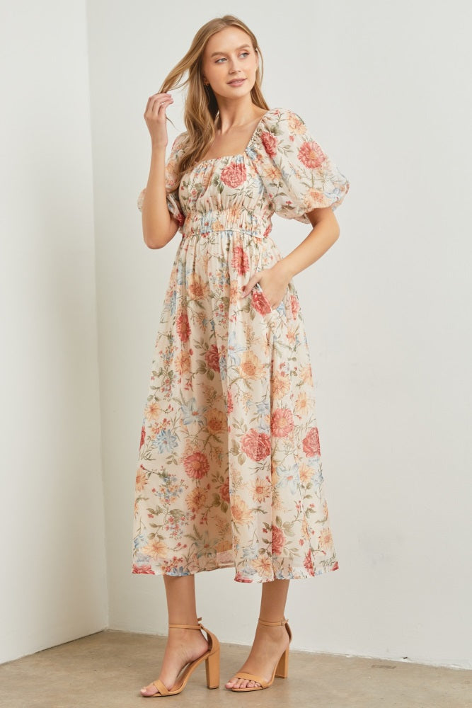Cream Blue Floral Chiffon Puff Sleeve Midi Dress PinkBlush Cream Blue Floral Chiffon Puff Sleeve Midi Dress PinkBlush
