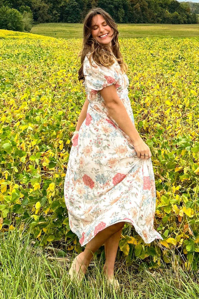 Cream Blue Floral Chiffon Puff Sleeve Midi Dress