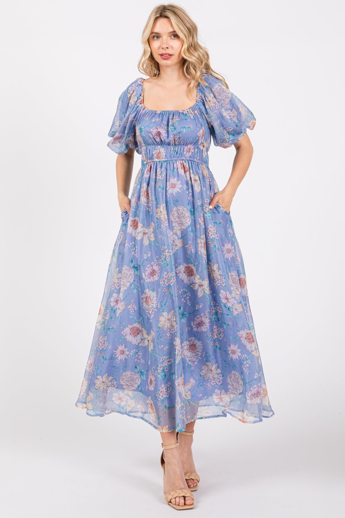 blue chiffon floral midi dress The Myles Floral Chiffon Midi Dress medium / White