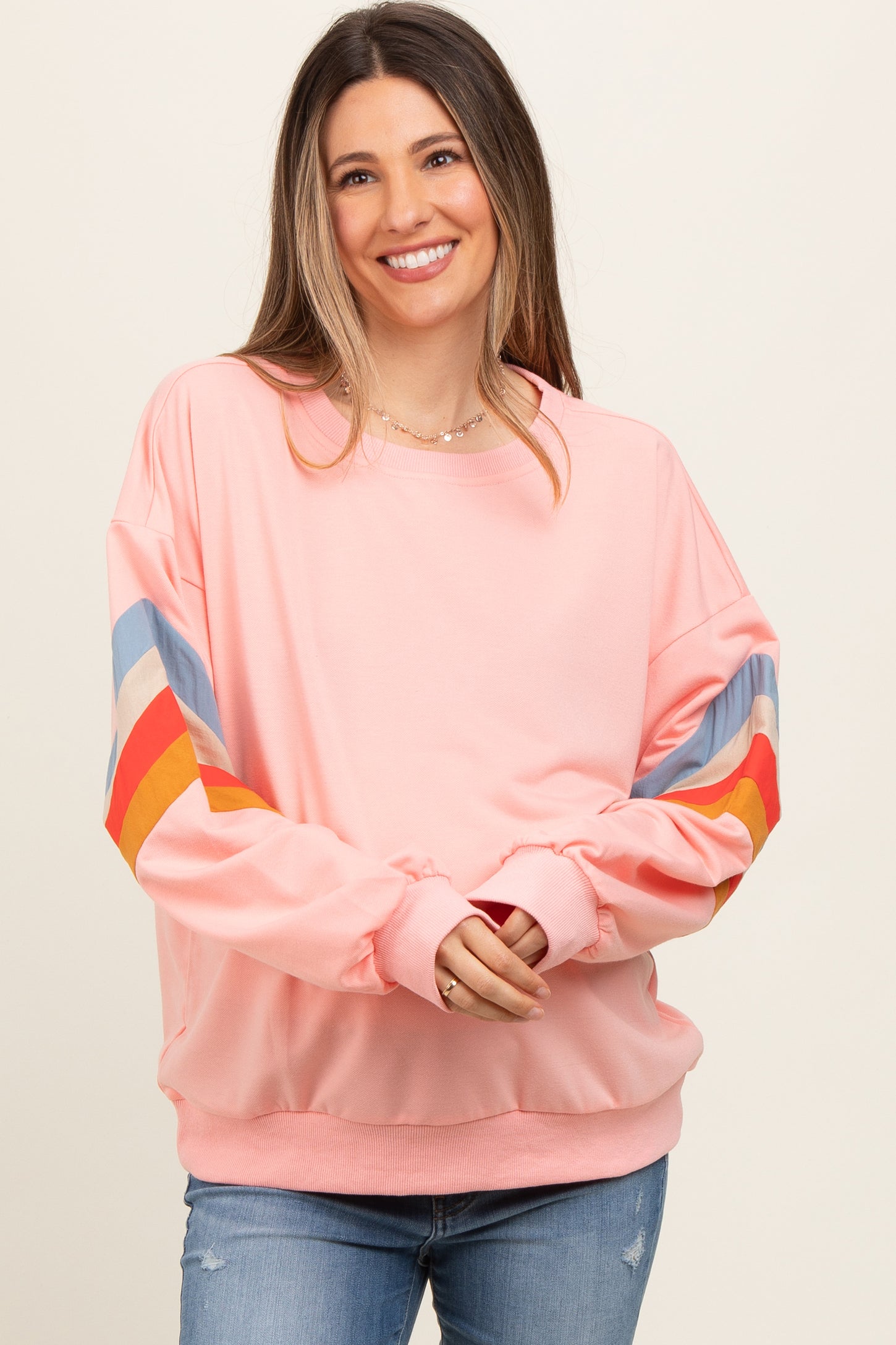 Peach Banded Bottom Terry Maternity Pullover