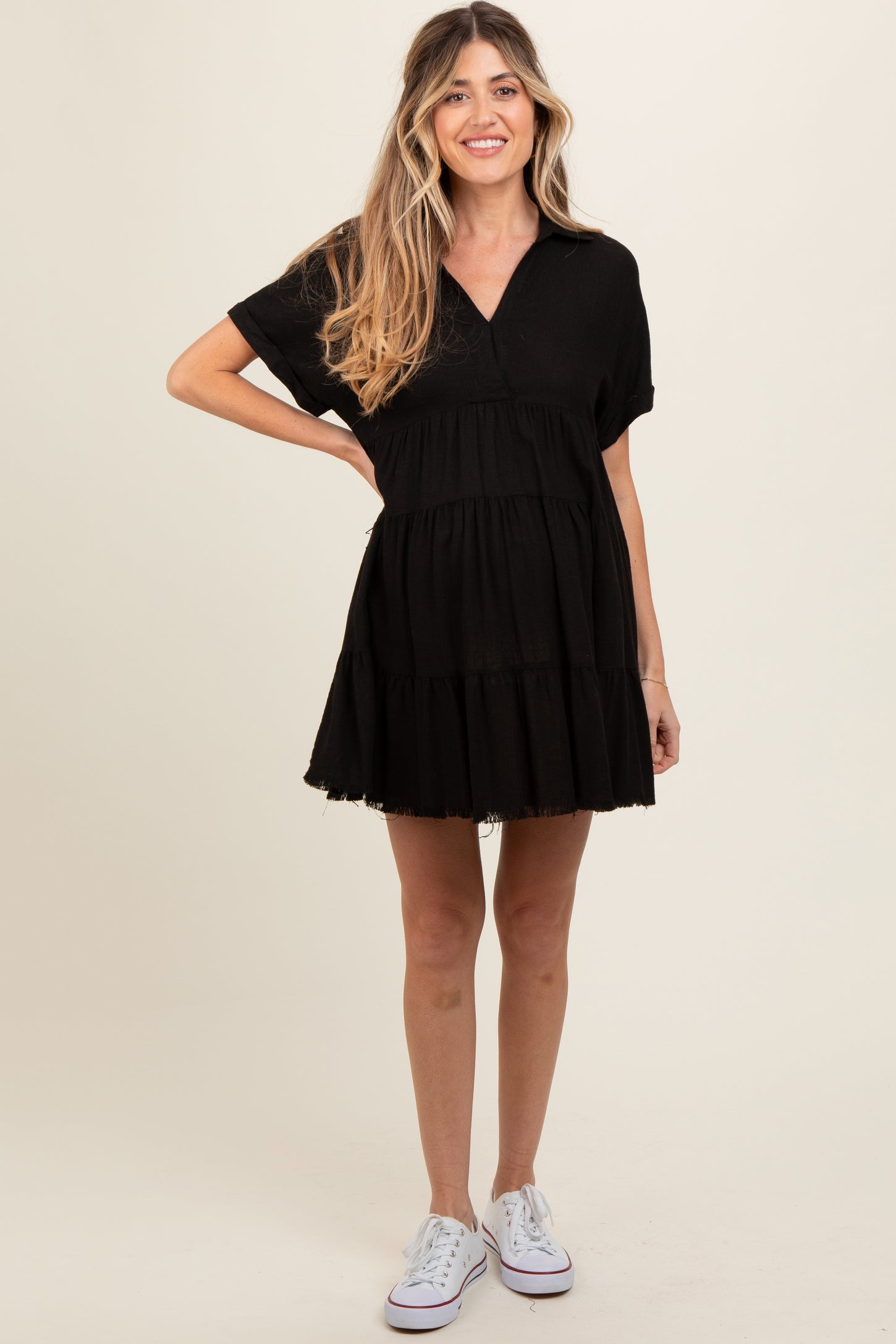 Black Tiered Linen Maternity Dress Small Black Tiered Linen Maternity Dress Small