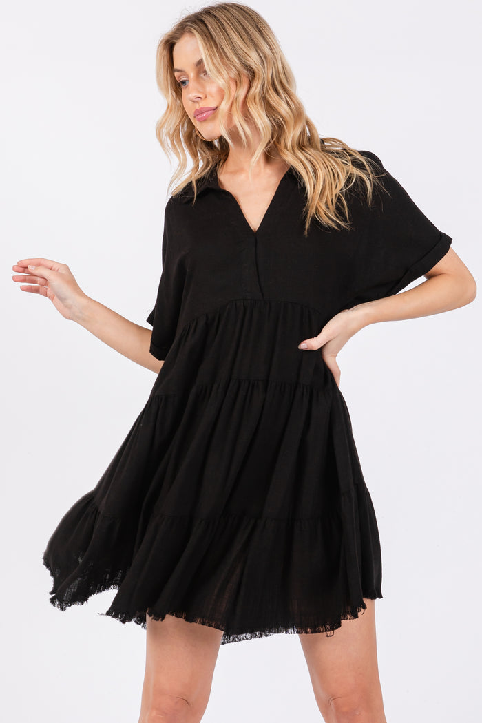 Black Tiered Linen Maternity Dress