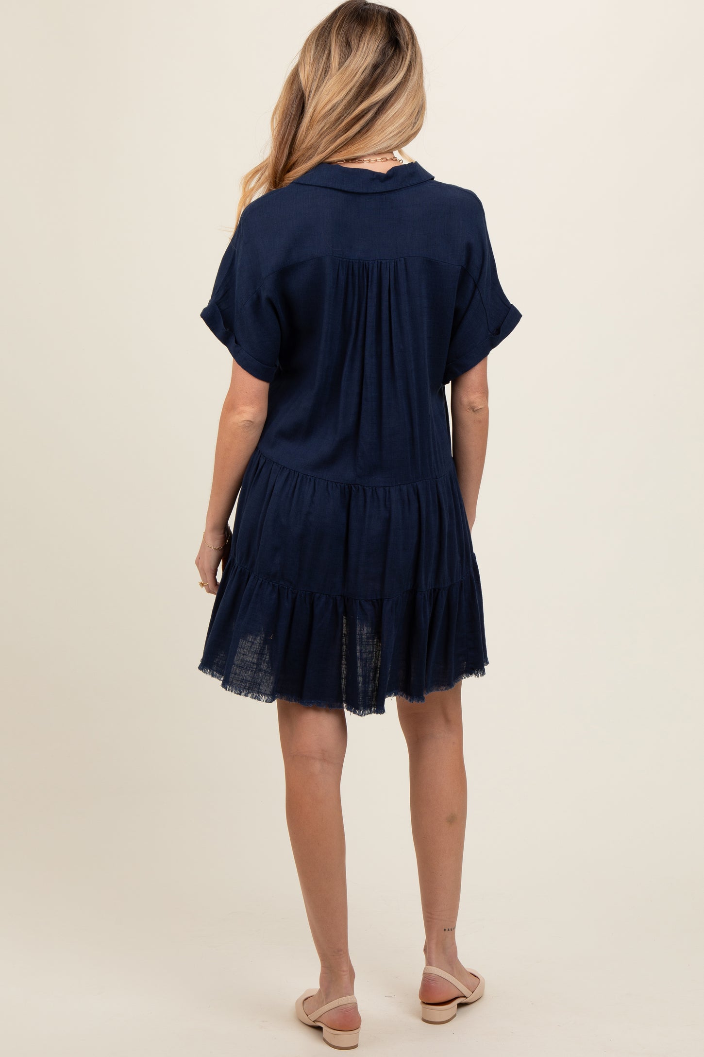 Navy Tiered Linen Maternity Dress PinkBlush Navy Tiered Linen Maternity Dress PinkBlush
