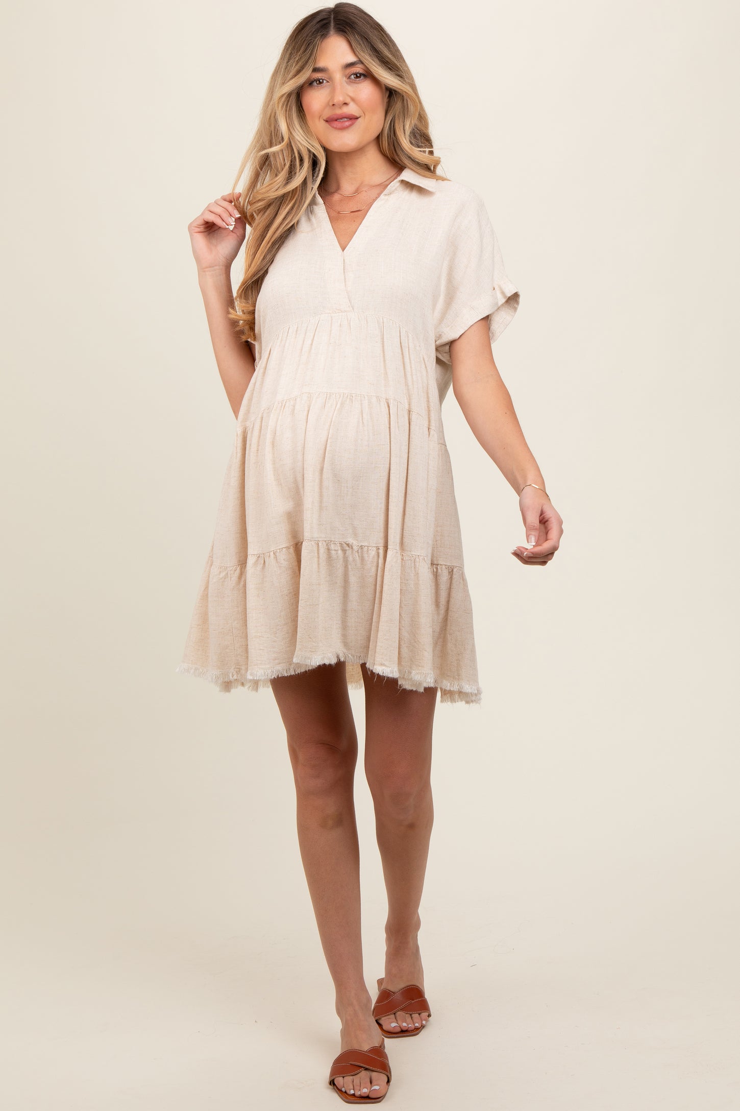 Cream Tiered Linen Maternity Dress Cream Tiered Linen Maternity Dress