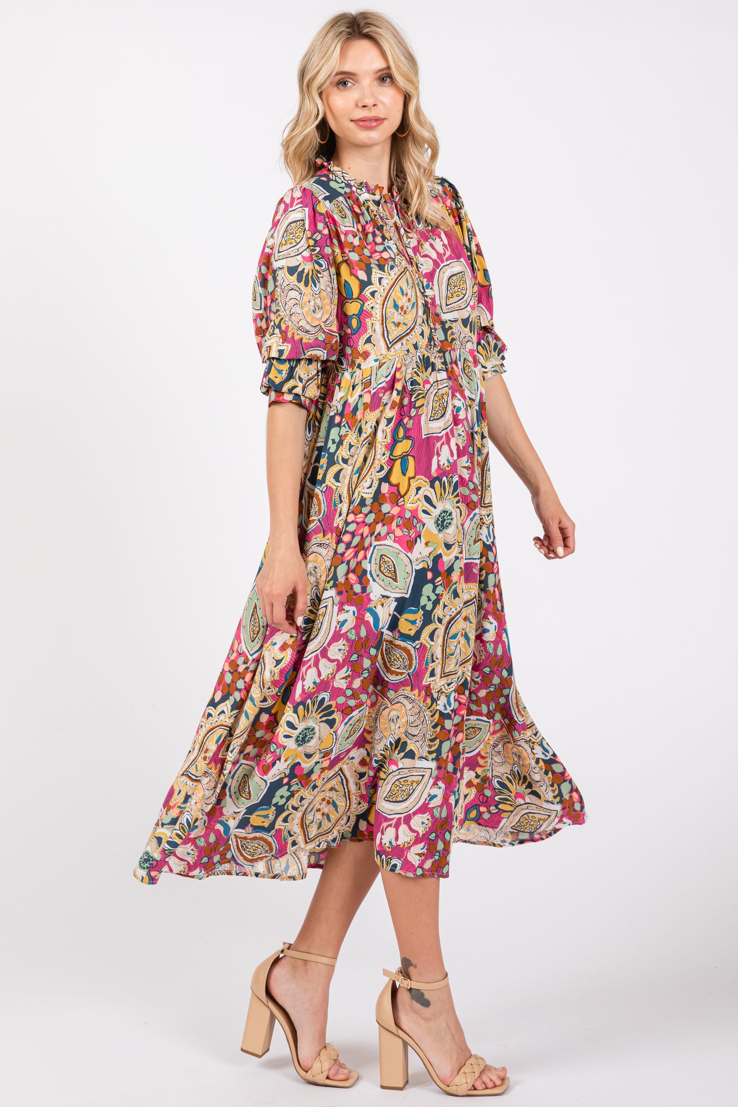 Pink Paisley Print Tiered A-Line Midi Dress PinkBlush Pink Paisley Print Tiered A-Line Midi Dress PinkBlush
