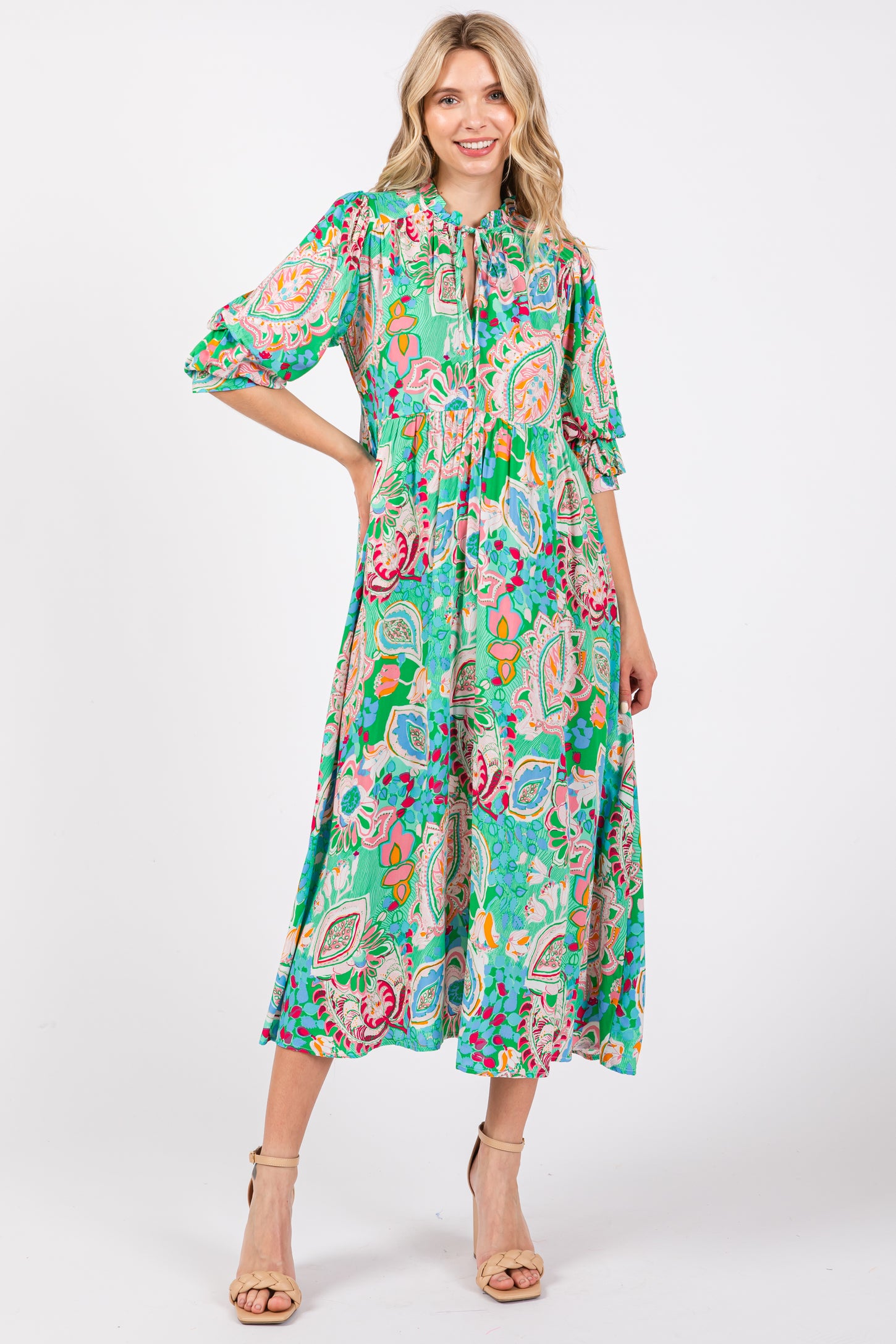 Emerald Paisley Print Tiered A-Line Midi Dress PinkBlush Emerald Paisley Print Tiered A-Line Midi Dress PinkBlush